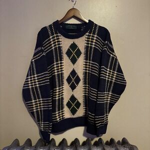 Embassy Row Men's Hand Knit Plaid Sweater Size L Dadcore Menswear Preppy